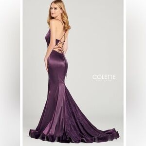 Colette Mon Cheri sz 8 plum colored satin dress with lace and sequin train NWT